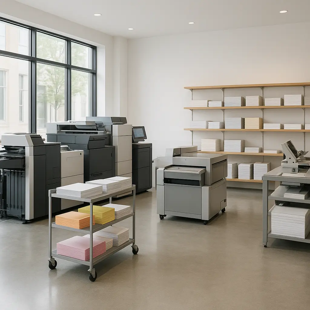 Modernes Druckatelier mit Maschinen und Papierstapeln